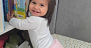 Layla is registered to the contest to win money with this photo: child, toddler, girl, smiling, portrait, pink_bow, ponytail, white_shirt, pink_skirt, books, bookshelf, reading, children_books, indoor, home, sofa, toys, colorful_floor, sitting, happy
