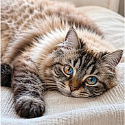 Suchi a rejoint le concours — aidez-le/la à gagner de superbes lots ! cat, tabby, fluffy, blue_eyes, pet, animal, feline, lying_down, relaxed, cozy, blanket, indoor, close_up, cute, whiskers, soft_fur, resting, portrait, comfortable, domestic_cat