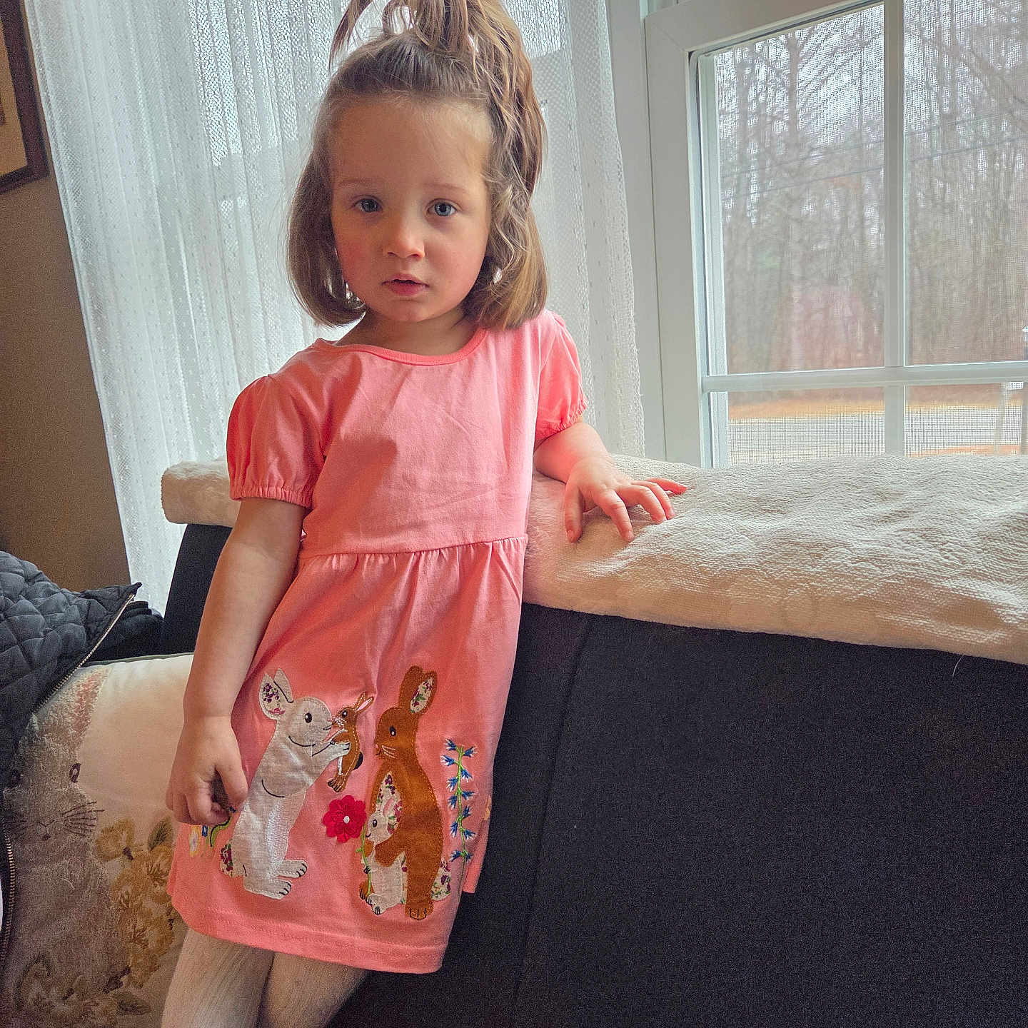 Willow joined the competition — help win amazing prizes! child, girl, pink_dress, rabbit_design, window, curtains, couch, pillow, indoors, natural_light, long_hair, white_tights, brown_boots, leaning, portrait, home, furniture, expression, casual, daylight