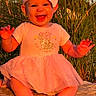 baby, child, infant, smiling, happy, portrait, outdoor, garden, grass, nature, bow, headband, dress, pink_clothing, sitting, wooden_surface, barefoot, hands, sunlight, photography