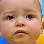 Jude participe au concours pour gagner de l'argent avec cette photo : baby, face, close_up, child, messy_face, food_stain, eyes, skin, expressionless, portrait, head, young_child, cute, curious, innocent, person, human, background_blur, indoors, skin_texture