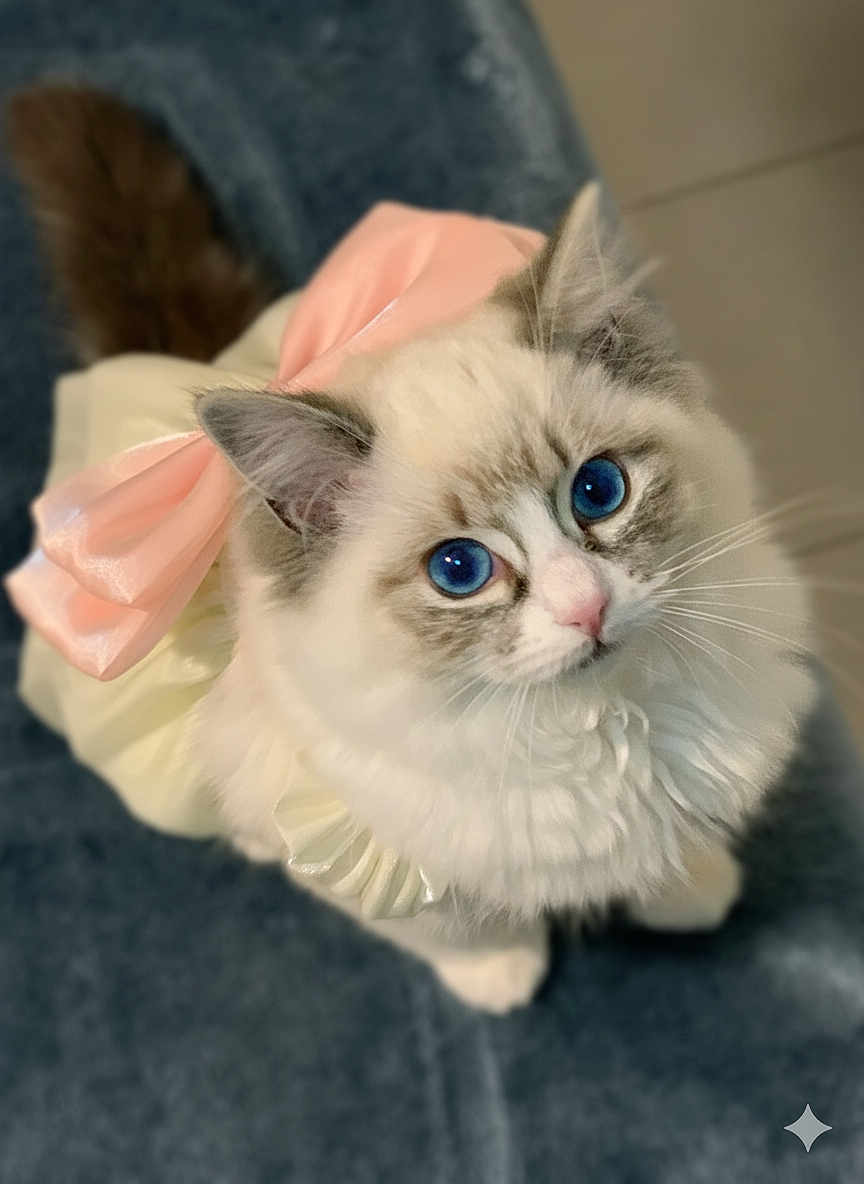 Muezza a rejoint le concours — aidez-le/la à gagner de superbes lots ! cat, blue_eyes, fluffy, bow, costume, pet, cute, animal, feline, whiskers, indoor, looking_up, soft_texture, curious, adorable, domestic, fur, pink, white, grey