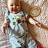 Blakley joined the competition — help win amazing prizes! baby, infant, child, smiling, happy, portrait, lying_down, quilt, blanket, striped_outfit, train, clothing, wooden_plaque, milestone, six_months, indoor, close_up, single_person, hands, family_photo