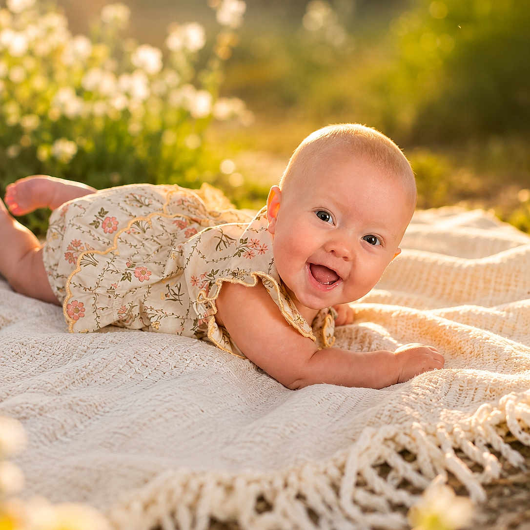Blakley joined the competition — help win amazing prizes! baby, child, infant, smiling, happy, portrait, outdoor, garden, flowers, blanket, knitted_blanket, lying_down, baby_dress, floral_clothing, golden_hour, sunlight, bokeh, nature, spring, adorable