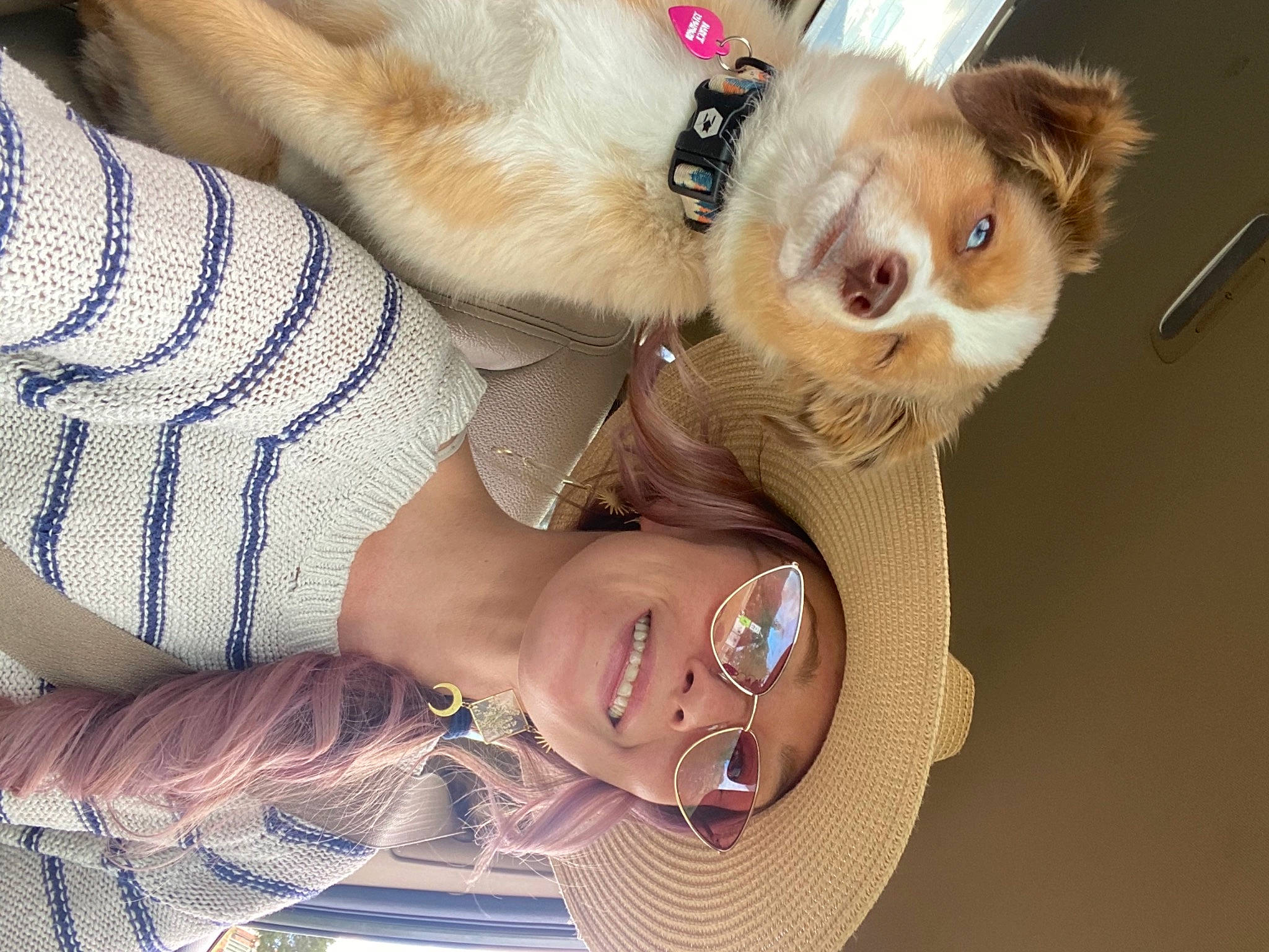 Darcy joined the competition — help win amazing prizes! canidae, carnivore, companion_dog, dog, dog_breed, ear, eyelash, eyewear, fawn, foot, fur, gesture, happy, nail, organ, pattern, selfie, smile, sunglasses, whiskers
