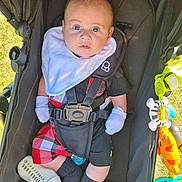Ralph joined the competition — help win amazing prizes! baby, stroller, bottle, mittens, bib, toy, blue_eyes, black_clothing, plaid, sock, infant, seatbelt, outdoor, grass, child, portrait, cute, baby_toy, sunlight, black_stroller