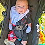 baby, stroller, bottle, mittens, bib, toy, blue_eyes, black_clothing, plaid, sock, infant, seatbelt, outdoor, grass, child, portrait, cute, baby_toy, sunlight, black_stroller