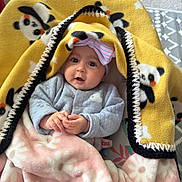 Felicia joined the competition — help win amazing prizes! baby, blanket, panda_print, pink_blanket, hat, clothing, infant, portrait, indoor, cozy, cute, smile, hands, face, child, warm, soft, person, headwear, seated