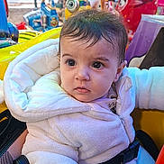 Nelya participe au concours pour gagner de l'argent avec cette photo : baby, child, amusement_ride, white_jacket, strapped_in, curious, wide_eyes, cozy, colorful, playful_background, indoor, seatbelt, cute, portrait, young_child, winter_clothing, soft_texture, expression, fun, entertainment