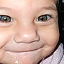 child, toddler, face, eyes, smile, cheeks, skin, clothing, pink_shirt, messy, closeup, mouth, nose, hair, infant, cute, baby, portrait, indoors, expression
