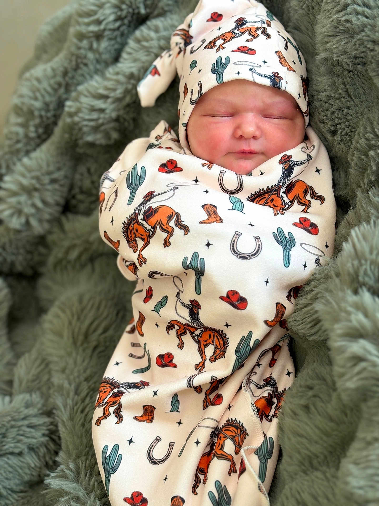 Stetson joined the competition — help win amazing prizes! newborn, baby, swaddle, blanket, cowboy, hat, horse, cactus, pattern, sleeping, infant, soft, cozy, wrapped, clothing, cute, portrait, resting, child, indoor