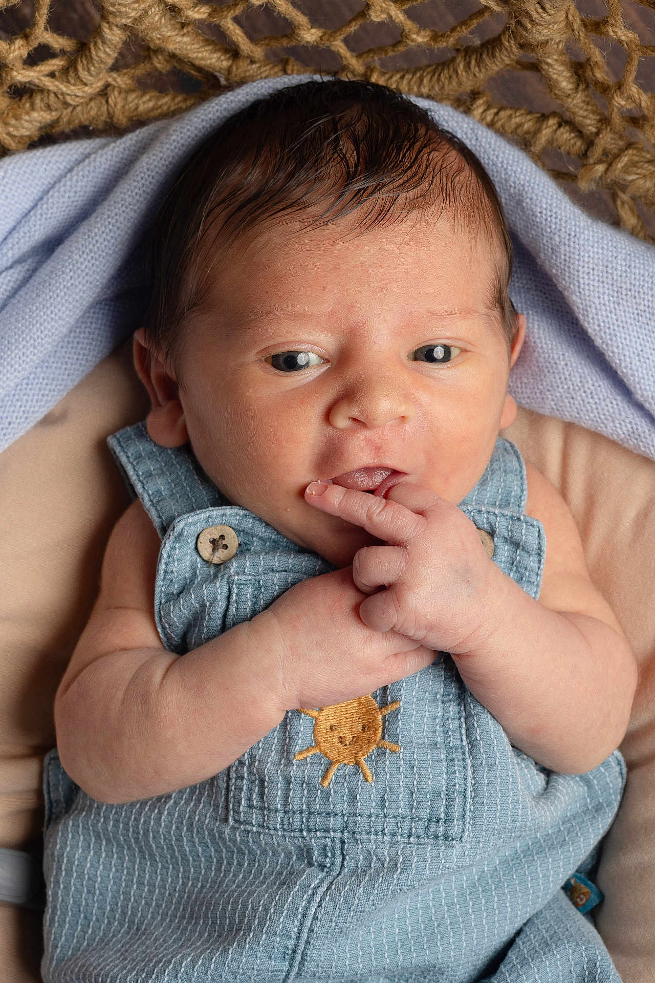 Célio a rejoint le concours — aidez-le/la à gagner de superbes lots ! baby, newborn, infant, baby_overalls, denim_overalls, sun_patch, hand_in_mouth, finger, eyes_open, blanket, knitted_blanket, woven_basket, portrait, closeup, studio_lighting, cute, adorable, soft_skin, button, fabric_texture