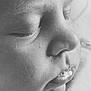 baby, newborn, sleeping, closeup, lips, nose, eyelashes, skin, texture, drool, peaceful, infant, blanket, swaddle, monochrome, black_and_white, portrait, face, cheek, mouth