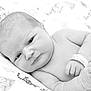 newborn, baby, infant, face, skin, arm, hand, hospital_band, blanket, pattern, black_and_white, closeup, portrait, person, lying_down, expression, cute, small, child, resting