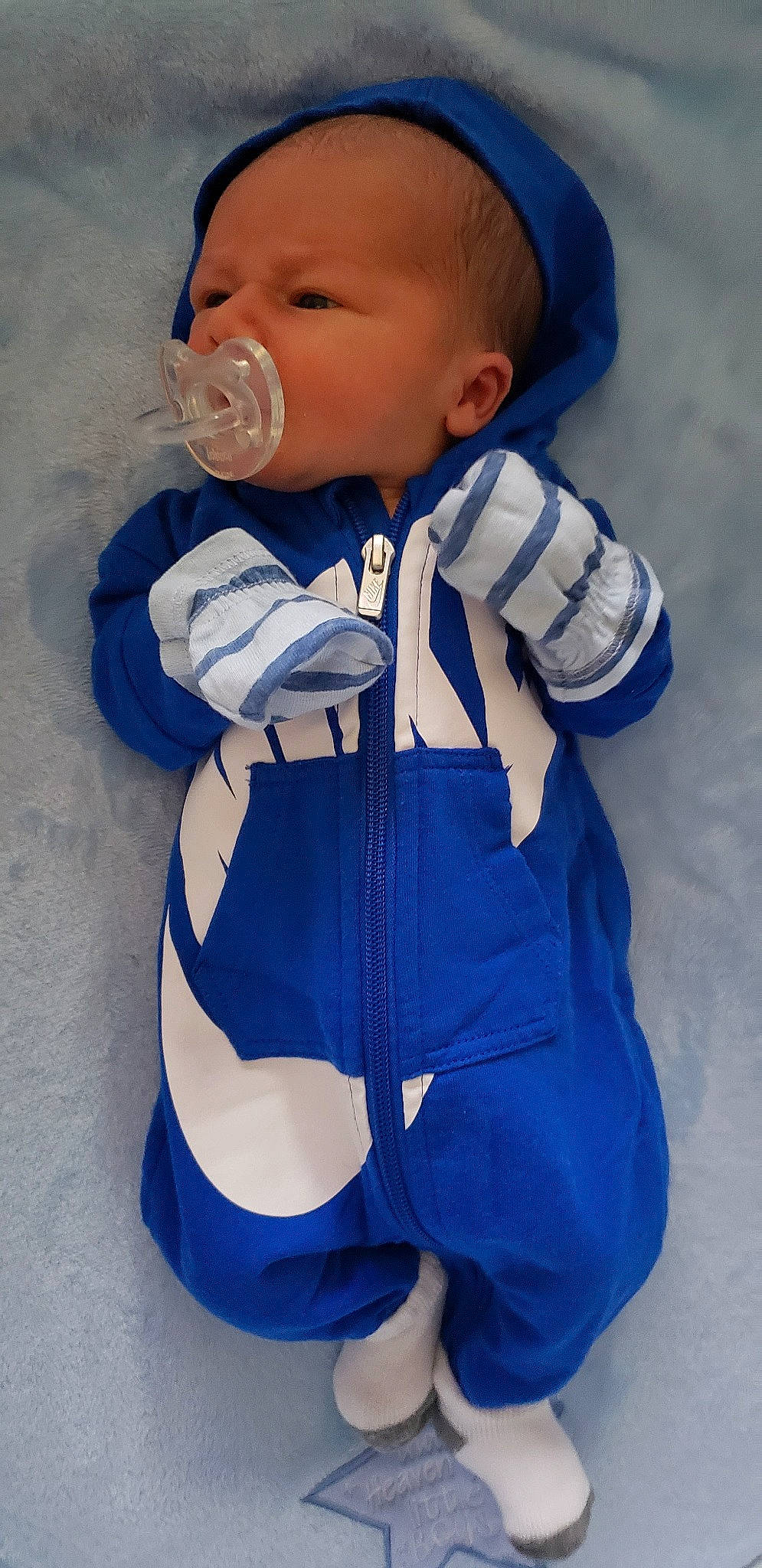 Kolson joined the competition — help win amazing prizes! baby, baby_toddler_clothing, blue, cheek, child, cobalt_blue, electric_blue, outerwear, overall, person, smile, toddler