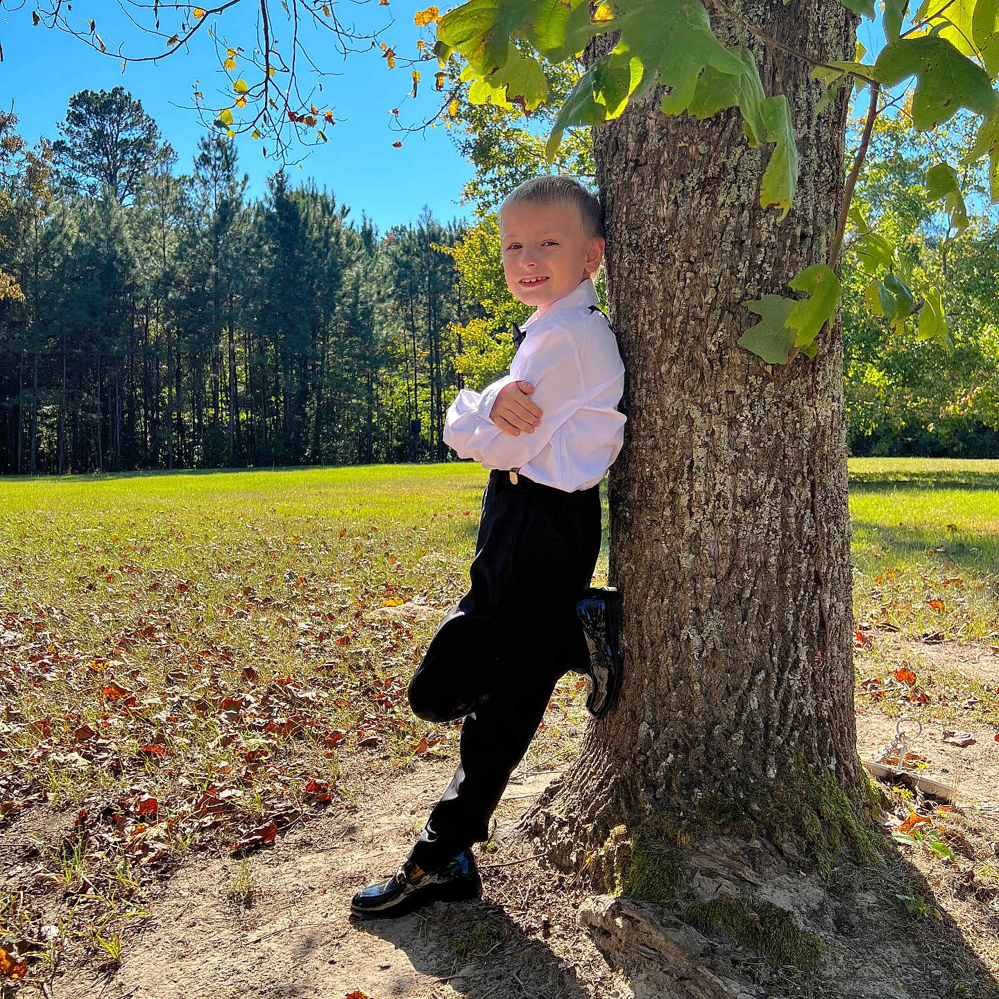 Braylen is registered to the contest to win money with this photo: boy, child, clothing, face, footwear, grass, head, leaf, male, outdoors, pants, person, photography, plant, portrait, shoe, sitting, tree, treetrunk, vegetation