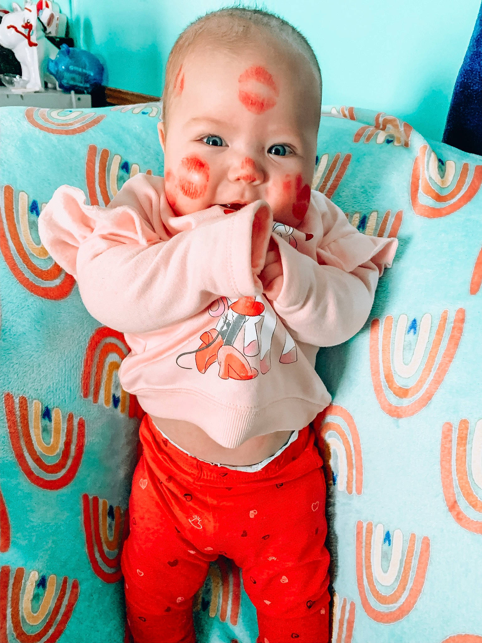 Olive joined the competition — help win amazing prizes! baby, baby_products, baby_toddler_clothing, blue, cheek, clothing, face, fictional_character, green, happy, human_body, mouth, person, pink, product, red, sleeve, smile, t_shirt, toddler