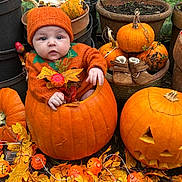 Albie joined the competition — help win amazing prizes! baby, pumpkin, jack_o_lantern, fall_leaves, orange_clothing, hat, sweater, autumn, decorations, plants, pots, baby_booties, garden, holiday, festive, cute, child, face, seasonal, outdoor