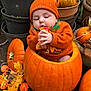 baby, pumpkin, orange_sweater, orange_hat, fall_leaves, autumn, decorations, plant_pots, baby_in_pumpkin, cute, outdoor, seasonal, festive, child, fall_colors, holiday, harvest, toy_pumpkin, nature, cozy