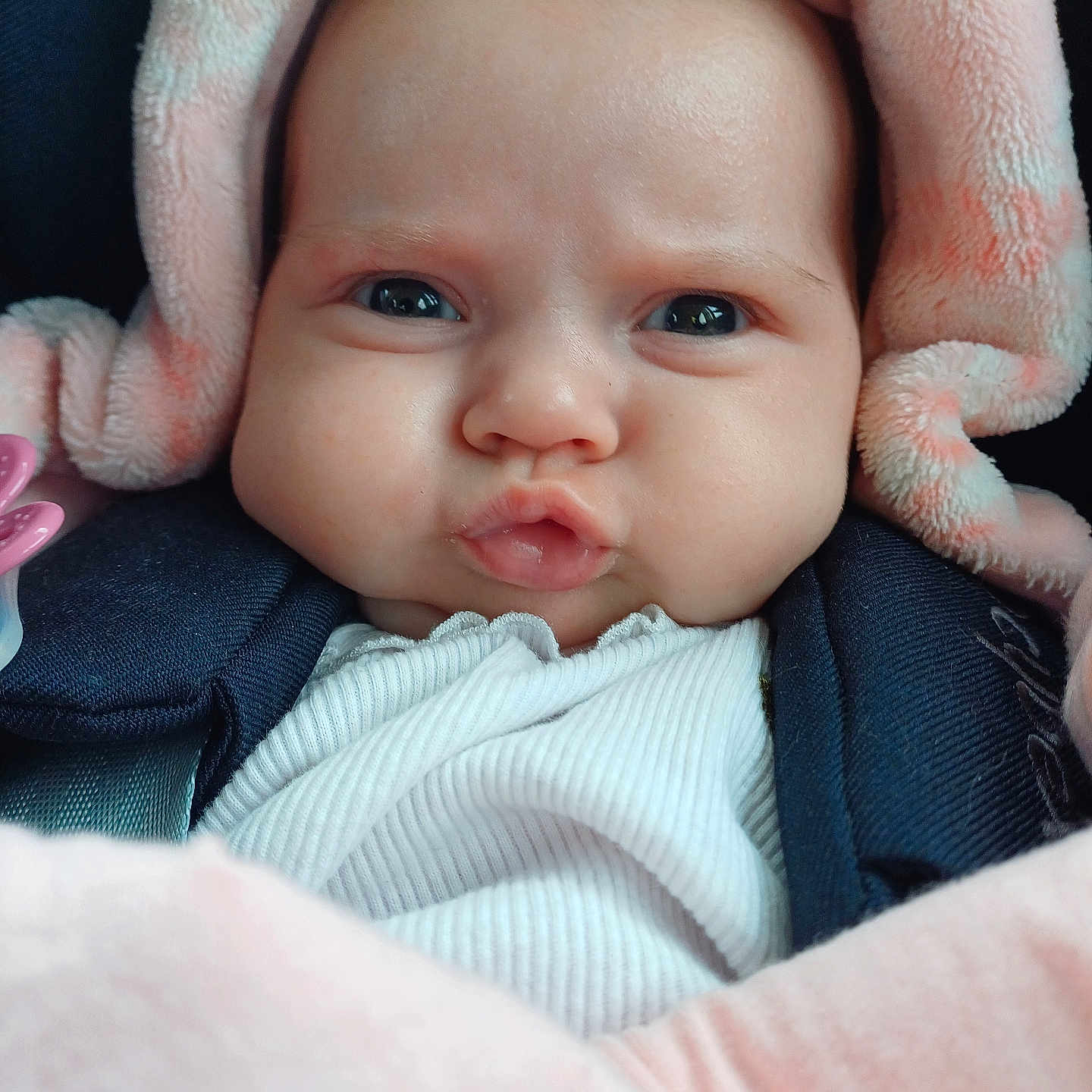 Mia participe au concours pour gagner de l'argent avec cette photo : baby, blanket, child, closeup, clothing, cozy, cute, expression, face, head, indoors, infant, looking, newborn, person, pink, pout, soft, warm, wrapped