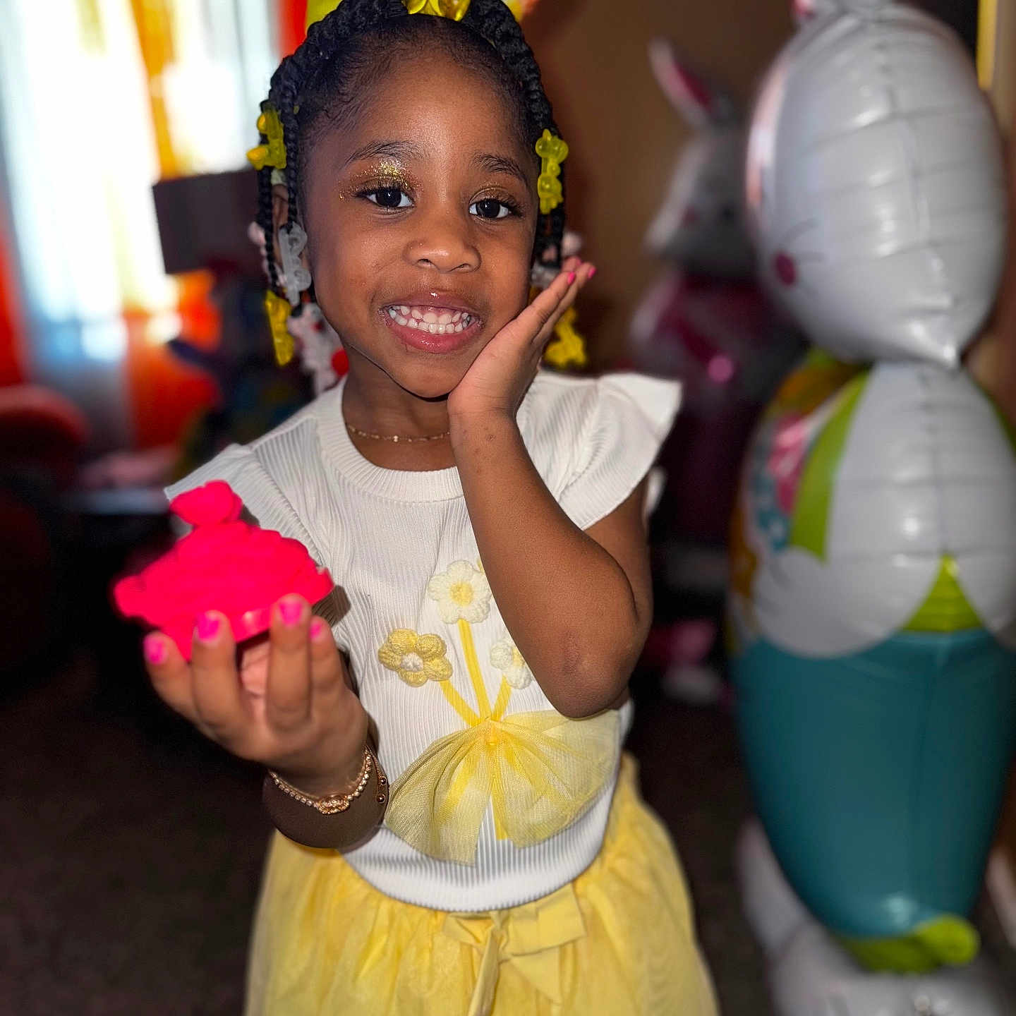 Aria joined the competition — help win amazing prizes! accessories, balloon, bodypart, child, clothing, costume, couch, dress, face, female, finger, furniture, girl, hand, happy, head, person, photography, portrait, smile