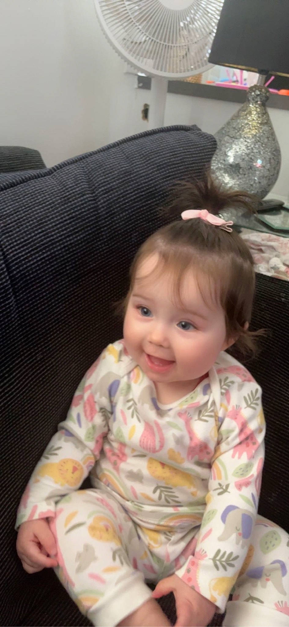 Bella-rose joined the competition — help win amazing prizes! baby, baby_toddler_clothing, cheek, child, comfort, cone, couch, fish, flooring, fun, hair, happy, lap, linens, person, room, sitting, skin, sleeve, smile