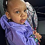 Treasure joined the competition — help win amazing prizes! toddler, child, braids, purple_jacket, car_seat, backpack, minnie_mouse, indoor, seatbelt, curious, portrait, clothing, earrings, hands, face, person, cute, young, casual, transportation