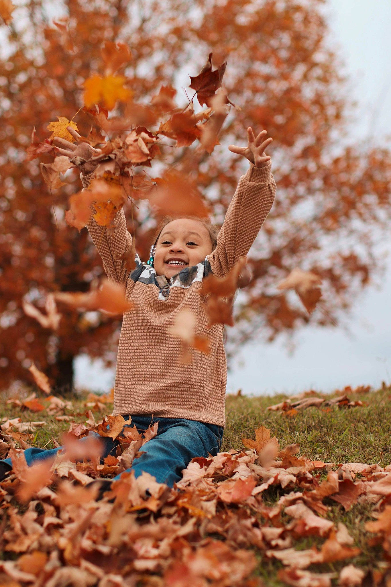 Adalynn joined the competition — help win amazing prizes! branch, deciduous, flash_photography, gesture, grass, happy, leaf, morning, natural_landscape, nature, orange, people_in_nature, person, plant, sunlight, tints_and_shades, tree, trunk, twig, wood