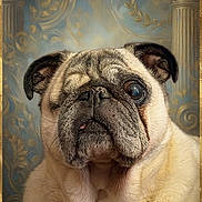 Guyzmo participe au concours pour gagner de l'argent avec cette photo : animal, brown, classical, close_up, cream, decorative, dog, eyes, face, floppy_ears, framed, fur, nose, ornate_background, pet, portrait, pug, serious_expression, short_muzzle, wrinkled