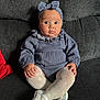 Stella joined the competition — help win amazing prizes! baby, child, blue_outfit, headband, bow, tights, white_shoes, couch, gray_couch, red_pillow, cross_legged, indoor, curious_expression, sitting, portrait, cute, hands, face, fashion, cozy