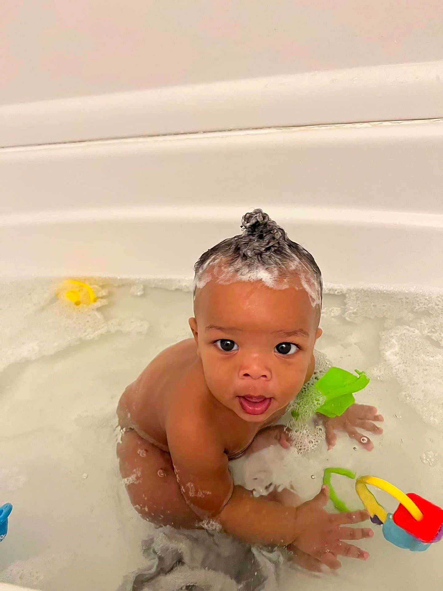 John Jr. joined the competition — help win amazing prizes! baby, bath, bath_toys, bubbles, child, cute, foam, fun, hair, indoors, moisture, moist, person, play, playful, portrait, skin, sitting, water, wet