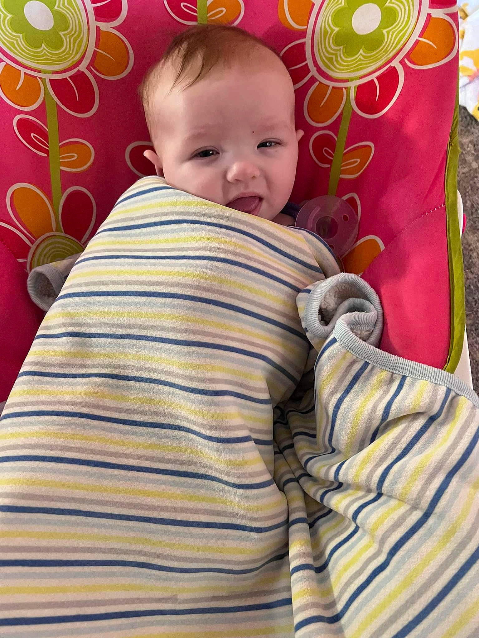 Chloe joined the competition — help win amazing prizes! baby, baby_toddler_clothing, bedding, cheek, child, chin, comfort, facial_expression, happy, iris, linens, magenta, pattern, person, pink, room, skin, sleeve, t_shirt, textile