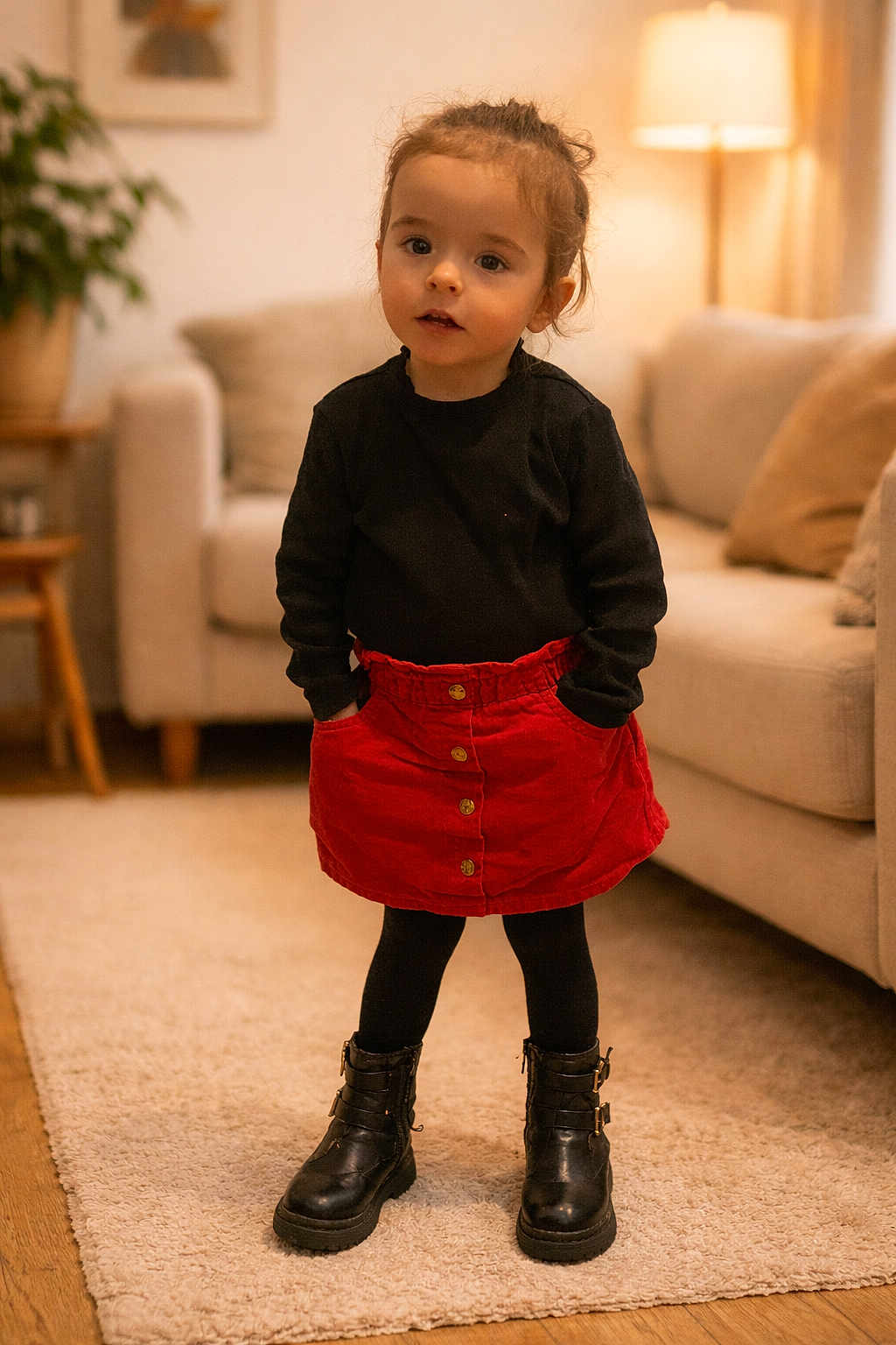 Lylou participe au concours pour gagner de l'argent avec cette photo : child, toddler, little_girl, red_skirt, black_boots, black_sweater, standing, hands_in_pockets, living_room, sofa, rug, lamp, plant, portrait, cozy, warm_lighting, curtains, wooden_floor, cute, candid