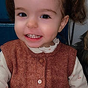 Lylou participe au concours pour gagner de l'argent avec cette photo : cheeks, child, closeup, cute, door, eyebrows, eyes, furniture, hair_bow, happy, indoor, knit_vest, long_sleeves, patterned_shirt, pigtails, portrait, smiling, sweater, teeth, toddler