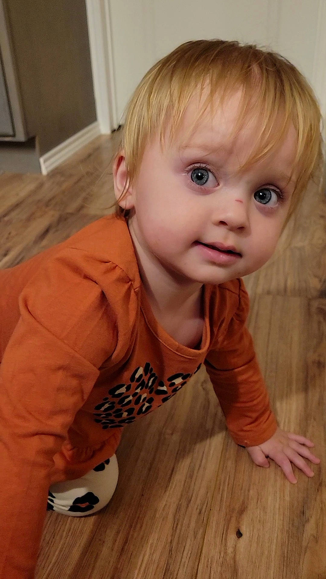 Mckenzie is registered to the contest to win money with this photo: baby, baby_toddler_clothing, cheek, chin, dress, eye, face, floor, flooring, hardwood, human_body, iris, mouth, nose, person, skin, sleeve, toddler, varnish, wood