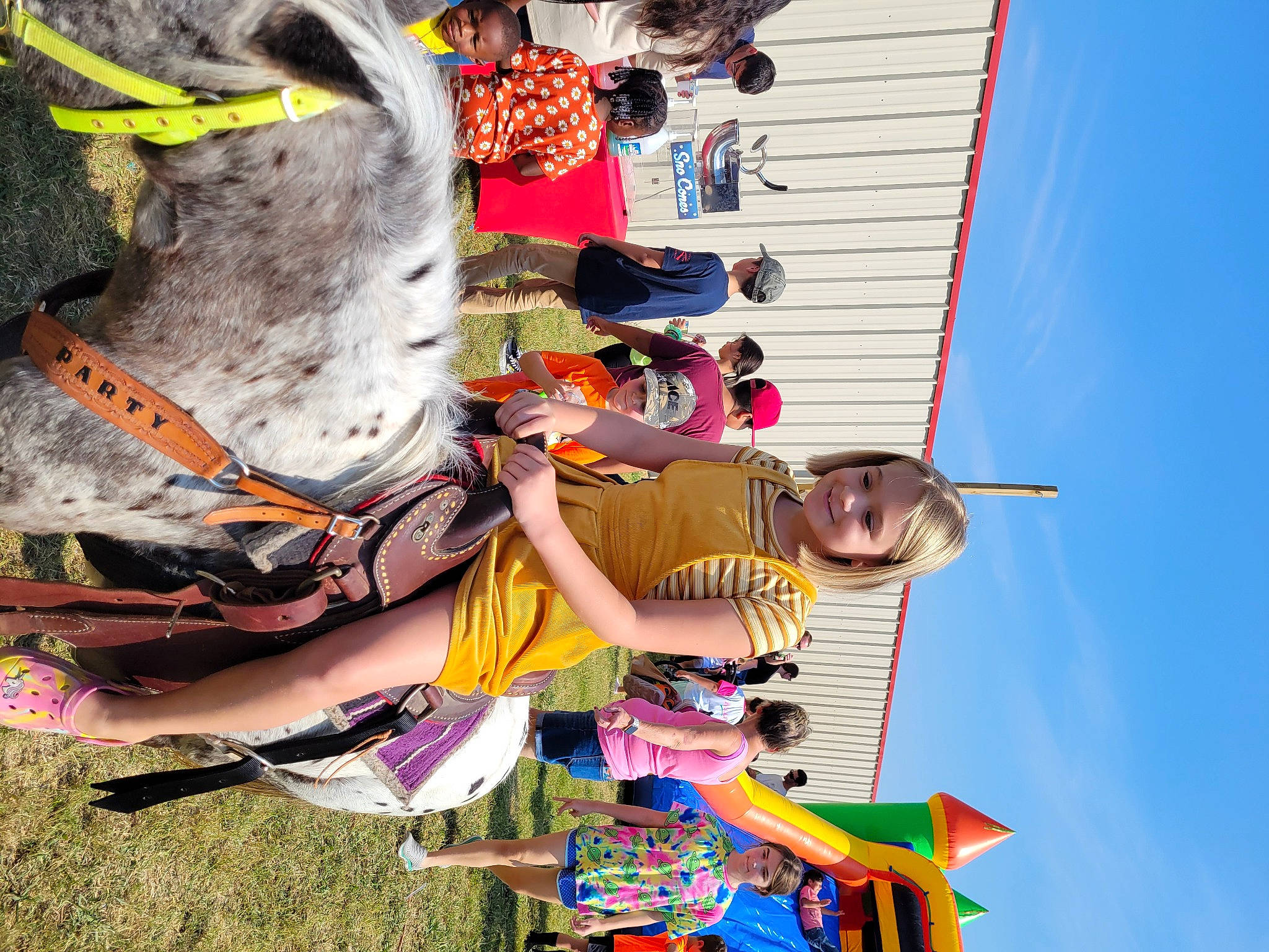 Lorelei is registered to the contest to win money with this photo: bridle, child, event, festival, fun, headwear, horse, joy, leisure, person, plant, pole, public_event, recreation, sky, tree, vacation, working_animal