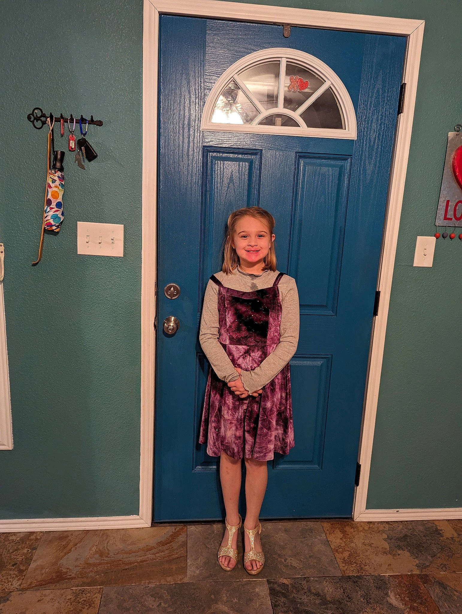 Lorelei is registered to the contest to win money with this photo: art, door, electric_blue, eyewear, fashion_design, flooring, home_door, joy, magenta, one_piece_garment, pattern, person, pink, product, purple, room, textile, toddler, vintage_clothing, visual_arts