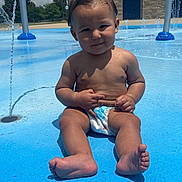 Ezequiel Jio is registered to the contest to win money with this photo: toddler, child, diaper, water, splash_pad, outdoor, sunny, blue, play, summer, barefoot, water_jets, fun, park, skin, face, legs, feet, building, concrete