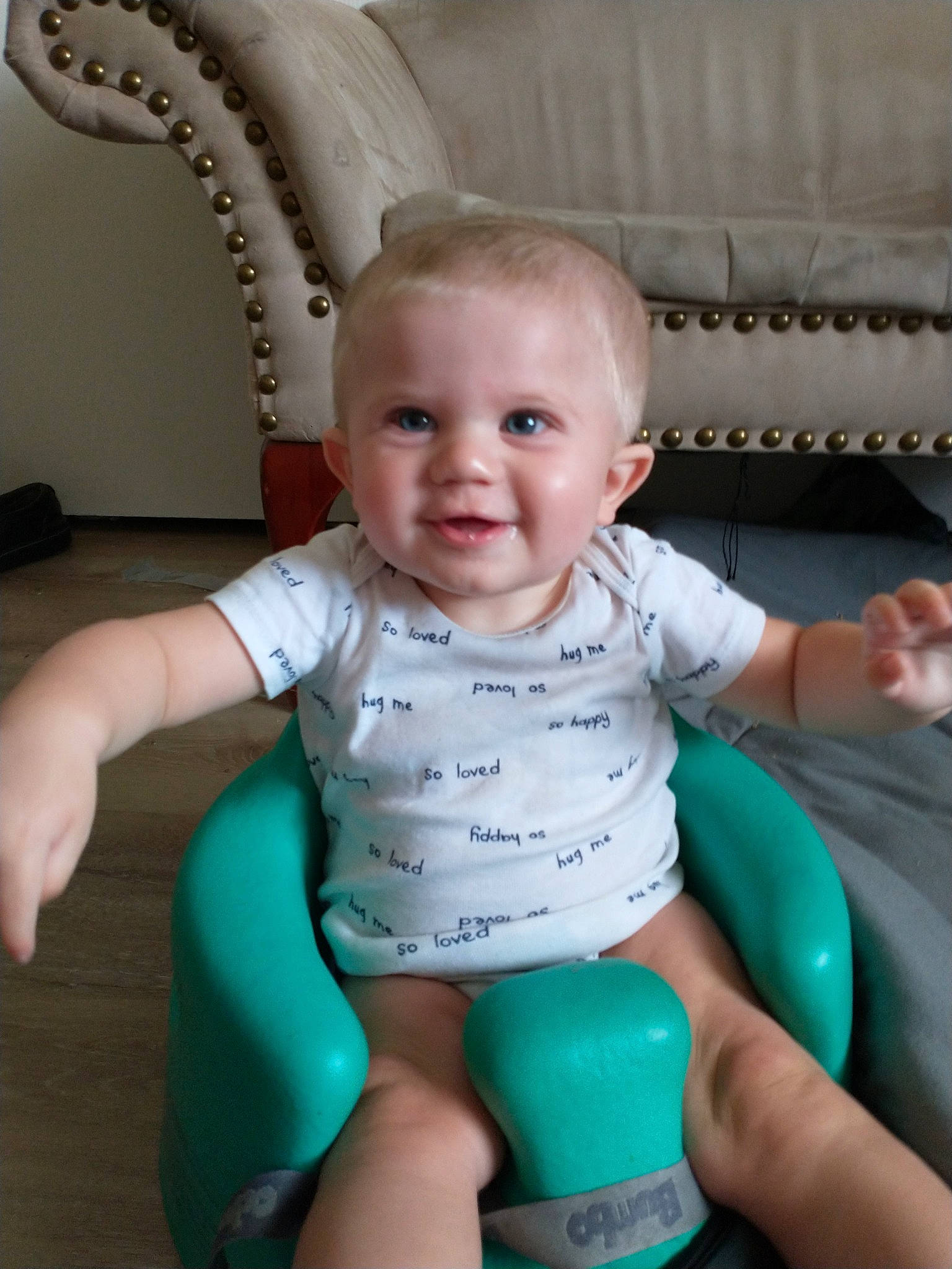 Tristen is registered to the contest to win money with this photo: arm, azure, baby, baby_toddler_clothing, cheek, eye, finger, hand, happy, human_body, iris, joint, joy, mouth, organ, person, photograph, product, skin, smile