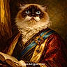 Tobi joined the competition — help win amazing prizes! animal, artistic, blue_eyes, book, cat, costume, fabric, feline, indoor, jewelry, oil_painting_style, paw, portrait, regal, royalty, ruffled_collar, sash, texture, vintage, warm_colors