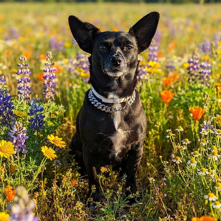 Wednesday joined the competition — help win amazing prizes! dog, black_dog, wildflowers, field, outdoor, nature, sunlight, ears, collar, grass, flowers, purple_flowers, orange_flowers, yellow_flowers, greenery, pet, animal, summer, portrait, cute