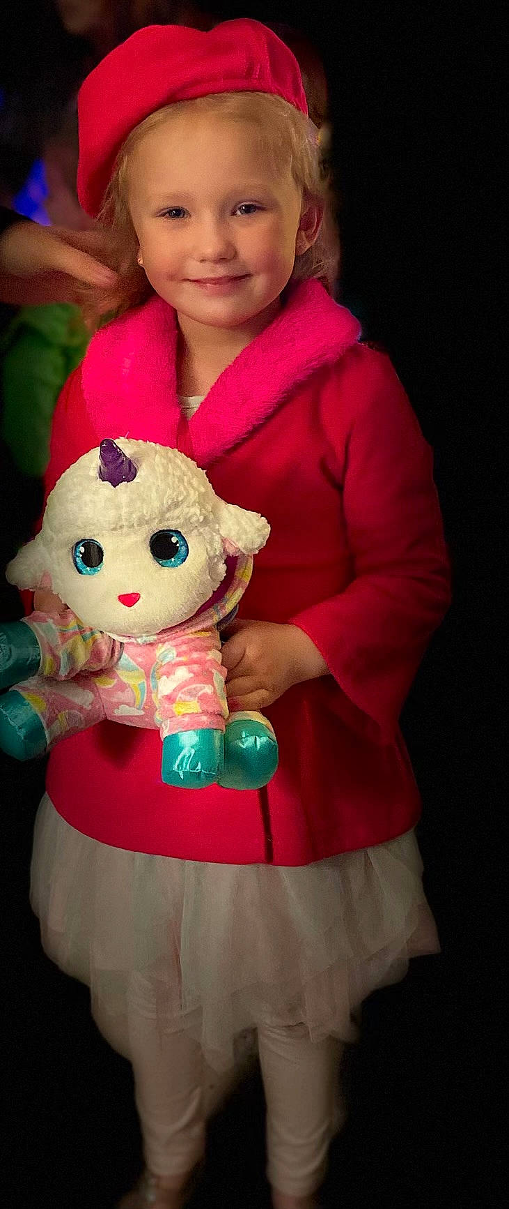 Vyera is registered to the contest to win money with this photo: baby_toys, child, costume, doll, event, fur, happy, joy, magenta, peach, person, pink, plush, red, skin, sleeve, smile, stuffed_toy, teddy_bear, toddler