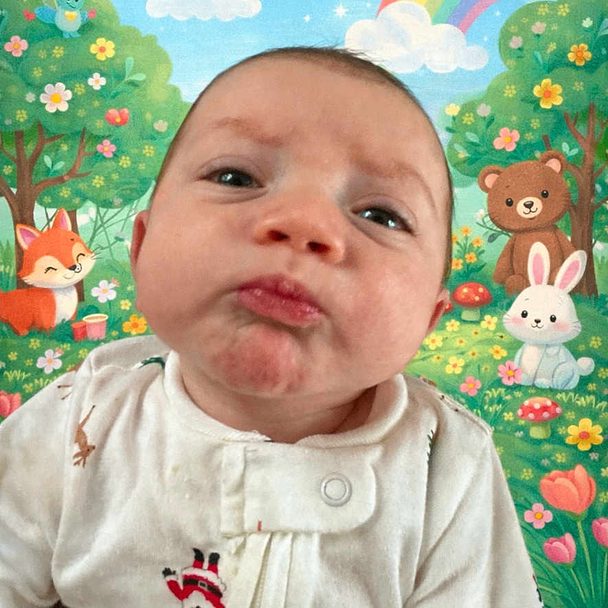 Onyx joined the competition — help win amazing prizes! baby, background, bear, cartoon_animals, clothing, clouds, cute, expression, face, festive, flowers, fox, grass, infant, portrait, pout, rabbit, rainbow, santa_print, trees