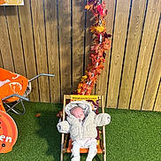 Ava Heather joined the competition — help win amazing prizes! baby, child, coat, pacifier, miniature_chair, autumn_leaves, wooden_fence, green_grass, outdoor, fall, decoration, orange_towel, baby_clothing, baby_accessory, pacifier_clip, baby_sleeping, baby_bundled, baby_cute, baby_portrait, seasonal_decor