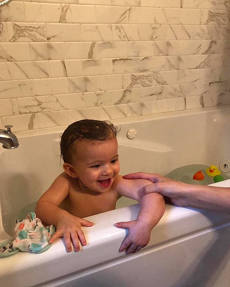 Kaia joined the competition — help win amazing prizes! baby, bathing, bathtub, child, person, plumbing_fixture, room, toddler
