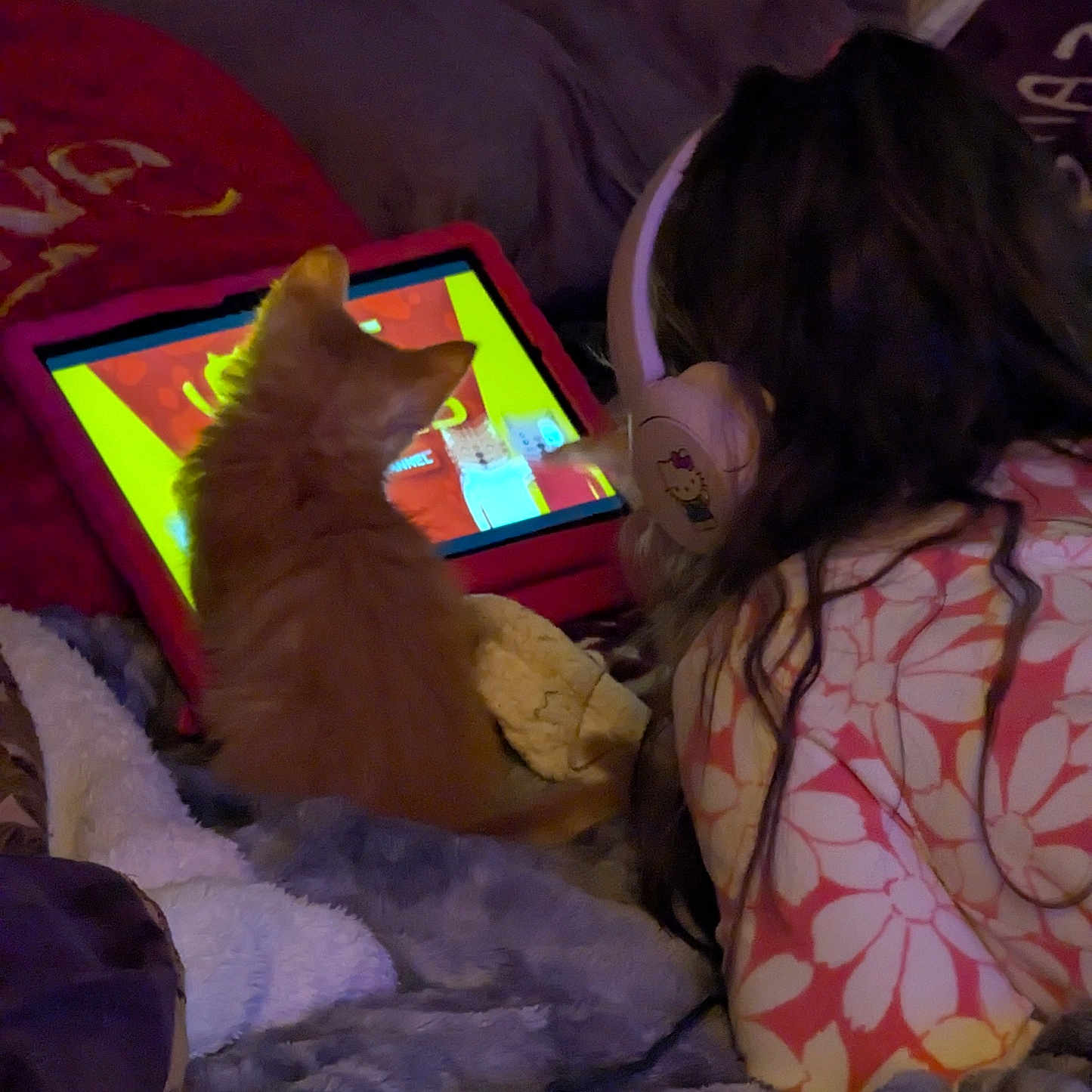 Benjamin Bee is registered to the contest to win money with this photo: animal, bedroom, blanket, casual, child, cozy, cute, entertainment, headphones, indoor, kitten, orange_cat, pet, relaxing, sleepwear, snuggled, soft_lighting, tablet, technology, warm_colors