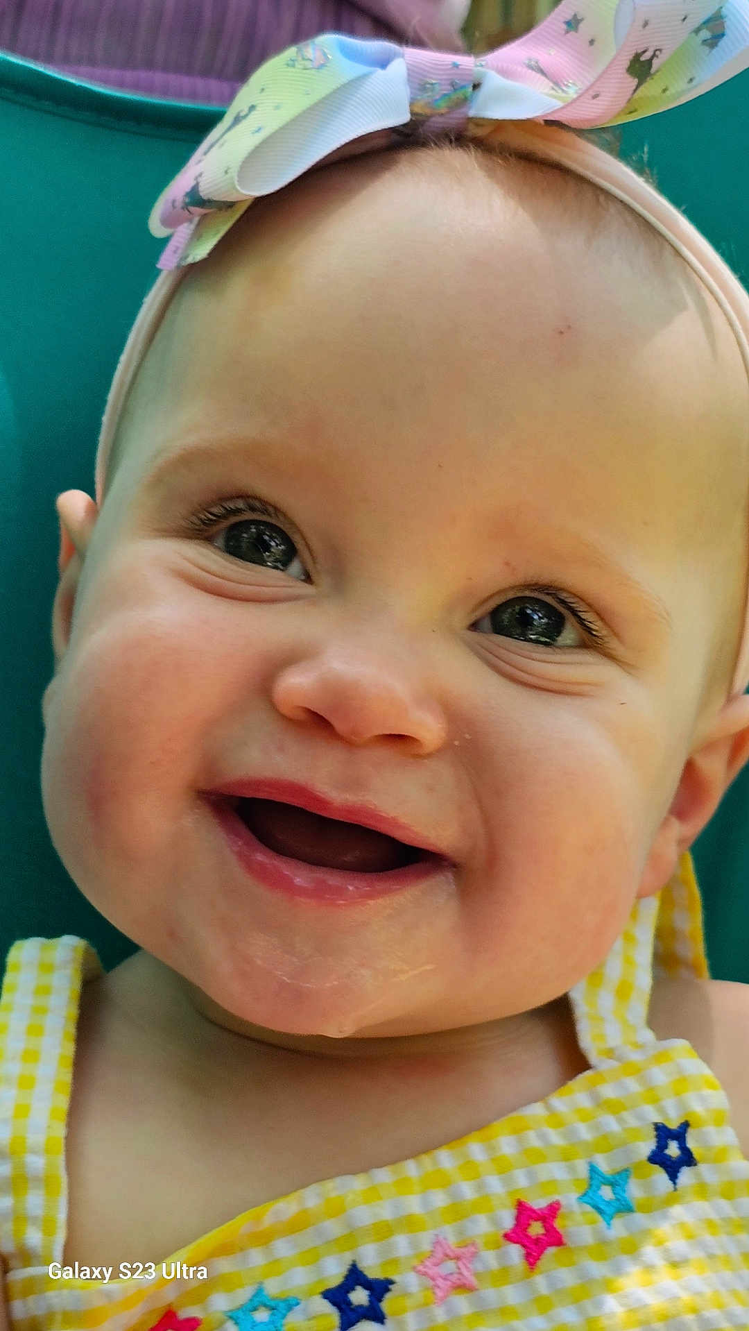 Ember joined the competition — help win amazing prizes! baby, child, smiling, face, headband, bow, dress, yellow, checkered, stars, closeup, portrait, happy, cute, infant, cheeks, eyes, expression, colorful, clothing