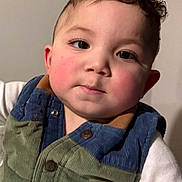 Theo is registered to the contest to win money with this photo: toddler, child, face, curly_hair, rosy_cheeks, vest, clothing, portrait, indoor, person, baby, cute, young_child, expression, head_and_shoulders, human, skin, eyebrows, eyes, casual_wear