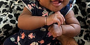 Sylea is registered to the contest to win money with this photo: arm, baby, bed, blanket, child, curly_hair, cute, floral_clothing, foot, hand, happy, holding, indoors, infant, pattern, person, playful, skin, smiling, tattoo