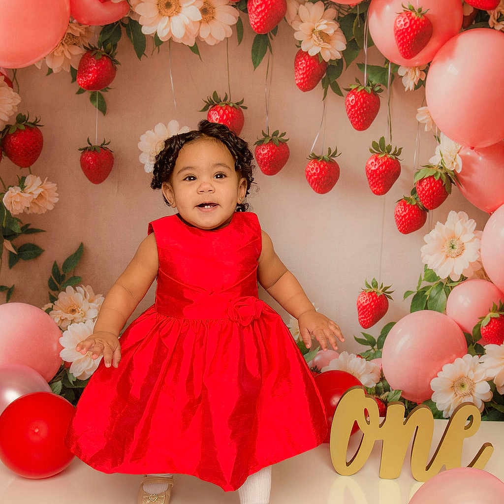 Brittany joined the competition — help win amazing prizes! toddler, child, red_dress, balloons, strawberries, flowers, birthday, celebration, one, golden_sign, smiling, indoor, portrait, cute, festive, decorations, happy, standing, party, photography